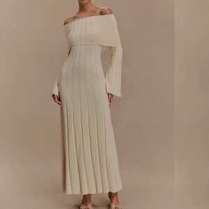 Meshki Cream Ribbed Knit Midi Dress